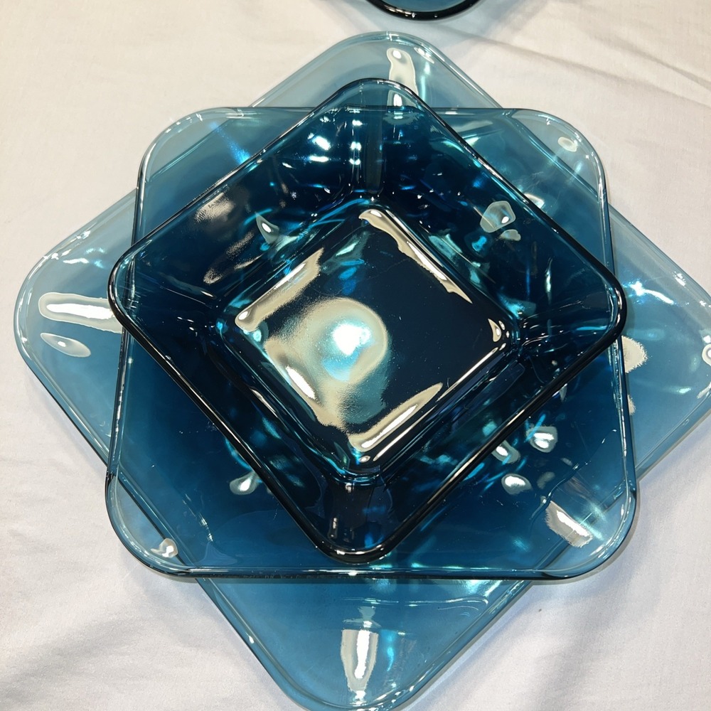 Anchor Hocking Rio Coastal Blue Glass Square 1 Dinner, 1 Bread Plate, 1 Bowl